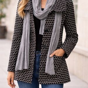 Chic Black and White Polka Dot Coat with Gray Scarf